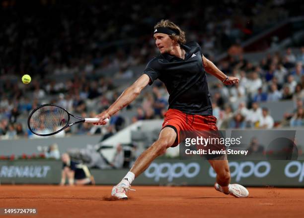 Alexander Zverev of Germany plays a backhand against Frances Tiafoe of United States during the Men's Singles Third Round Match on Day Seven of the...
