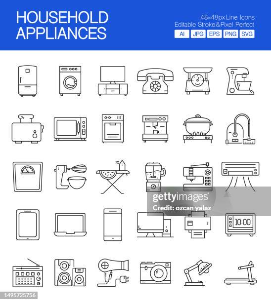 ilustraciones, imágenes clip art, dibujos animados e iconos de stock de conjunto de iconos vectoriales de línea fina de electrodomésticos. el diseño es editable y el color se puede cambiar. conjunto vectorial de iconos de creatividad: microondas, horno, refrigerador, licuadora, cocina, café - bebida. - lava lamp