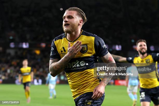 Jason Cummings of the Mariners celebrates scoring his second penalty goal during the 2023 A-League Men's Grand Final match between Melbourne City and...