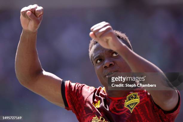 Nouhou Tolo of Seattle Sounders reacts during the second half against the Portland Timbers at Lumen Field on June 03, 2023 in Seattle, Washington.