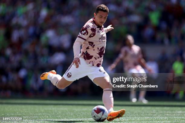 Nathan Fogaça of Portland Timbers shoots against the Seattle Sounders at Lumen Field on June 03, 2023 in Seattle, Washington.