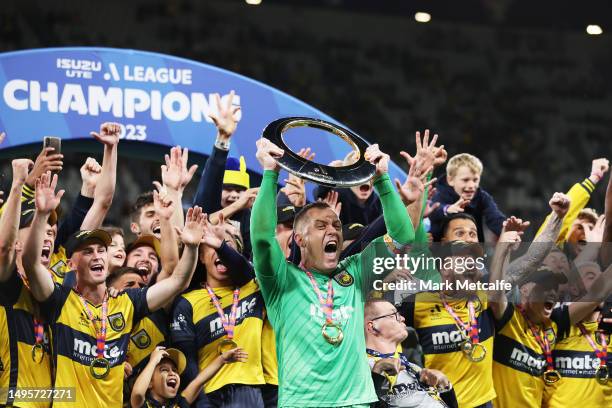 Daniel Vukovic of the Mariners celebrates winning the 2023 A-League Men's Grand Final match between Melbourne City and Central Coast Mariners at...