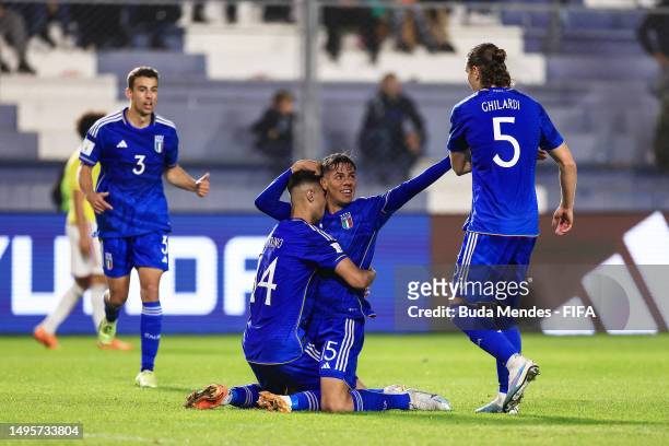 Gabriele Guarino and Alessandro Fontanarosa of Italy celebrate following the team's victory in the FIFA U-20 World Cup Argentina 2023 Quarter Finals...