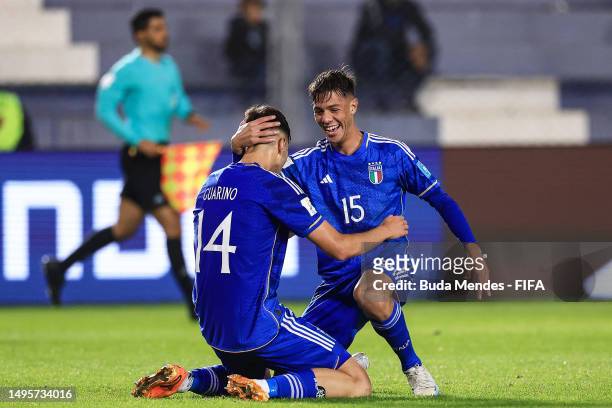 Gabriele Guarino and Alessandro Fontanarosa of Italy celebrate following the team's victory in the FIFA U-20 World Cup Argentina 2023 Quarter Finals...
