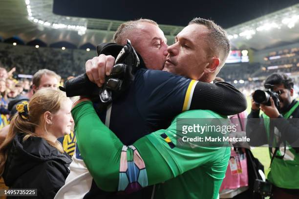 Daniel Vukovic of the Mariners celebrates with his brother Dejan Vukovic after winning the 2023 A-League Men's Grand Final match between Melbourne...