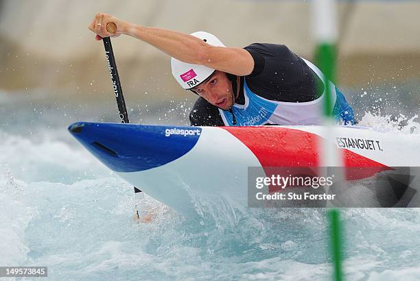 Tony Estanguet of France competes in the Men's Canoe Single Slalom final on Day 4 of the London 2012 Olympic Games at Lee Valley White Water Centre...