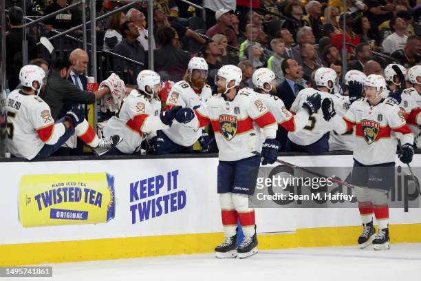 Eric Staal of the Florida Panthers is congratulated by his teammates after scoring a goal against the Vegas Golden Knights during the first period in...