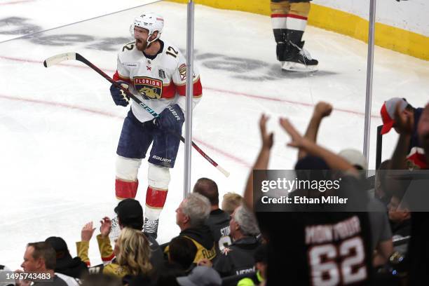 Eric Staal of the Florida Panthers celebrates after scoring a goal against the Vegas Golden Knights during the first period in Game One of the 2023...