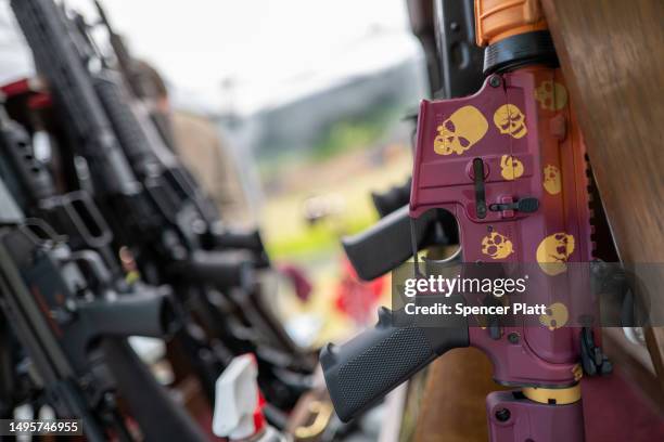 Guns are displayed as gun enthusiasts attend the annual Machine Gun Shoot sponsored by Shooters Gauntlet on June 03, 2023 in Monroe, Pennsylvania....