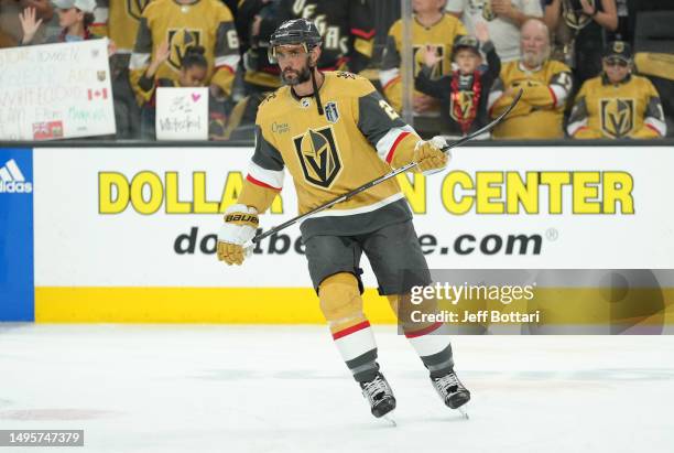 Alec Martinez of the Vegas Golden Knights warms up prior to Game One of the 2023 NHL Stanley Cup Final against the Florida Panthers at T-Mobile Arena...
