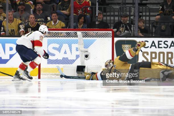 Adin Hill of the Vegas Golden Knights makes the save against Nick Cousins of the Florida Panthers during the second period in Game One of the 2023...