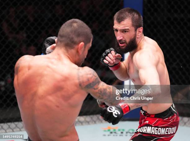 Abubakar Nurmagomedov of Russia battles Elizeu Zaleski dos Santos of Brazil in a welterweight bout during the UFC Fight Night event at UFC APEX on...