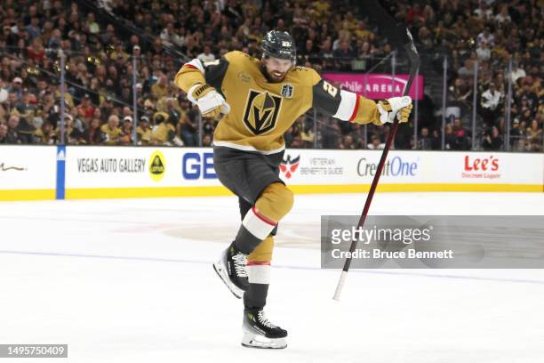 Shea Theodore of the Vegas Golden Knights celebrates after scoring a goal against the Florida Panthers during the second period in Game One of the...