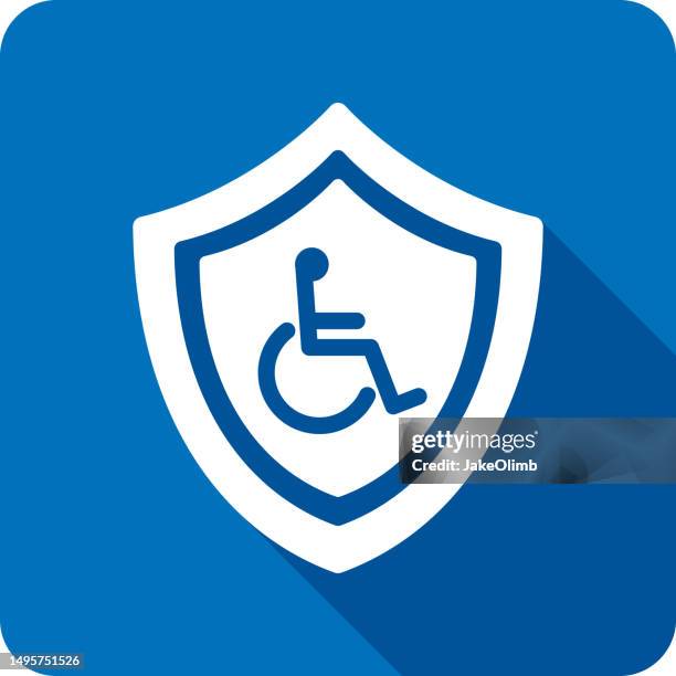 ilustraciones, imágenes clip art, dibujos animados e iconos de stock de escudo silueta icono de silla de ruedas - símbolo internacional de accesibilidad