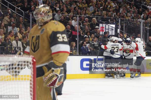 Anthony Duclair of the Florida Panthers is congratulated by his teammates after scoring a goal past Adin Hill of the Vegas Golden Knights during the...