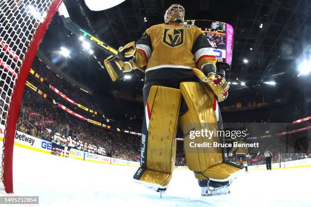 Adin Hill of the Vegas Golden Knights reacts after allowing a goal to Anthony Duclair of the Florida Panthers during the second period in Game One of...