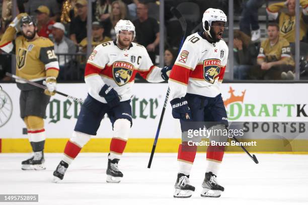 Anthony Duclair of the Florida Panthers celebrates after scoring a goal against the Vegas Golden Knights during the second period in Game One of the...
