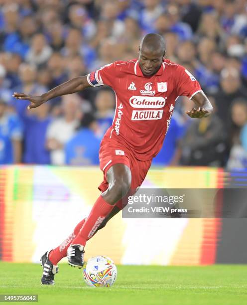 Adrian Ramos of America in action during the match between Millonarios and America de Cali as part of the Liga BetPlay at El Campin stadium on June...
