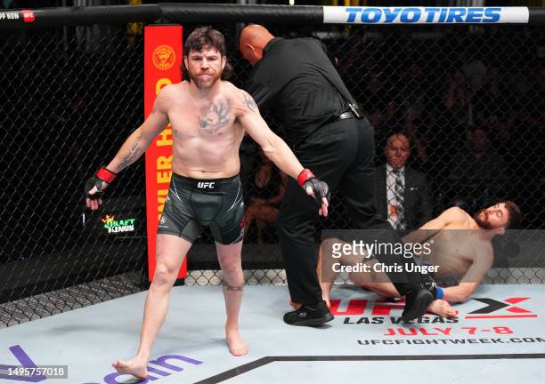 Jim Miller reacts after his knockout victory over Jesse Butler in a lightweight bout during the UFC Fight Night event at UFC APEX on June 03, 2023 in...