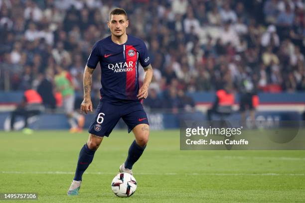 Marco Verratti of PSG in action during the Ligue 1 match between Paris Saint-Germain and Clermont Foot 63 at Parc des Princes stadium on June 3, 2023...