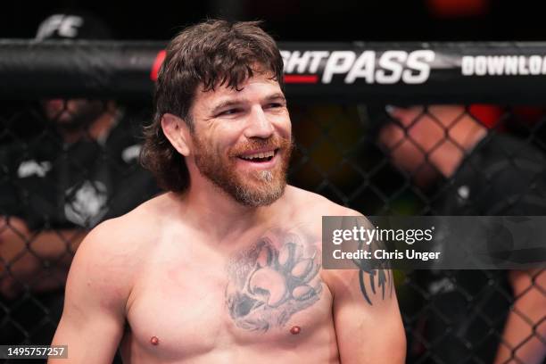 Jim Miller reacts after his knockout victory over Jesse Butler in a lightweight bout during the UFC Fight Night event at UFC APEX on June 03, 2023 in...