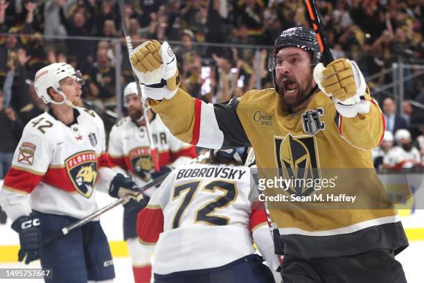 Mark Stone of the Vegas Golden Knights celebrates after scoring a goal past Sergei Bobrovsky of the Florida Panthers during the third period in Game...
