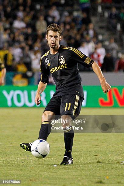 Pat Noonan of Los Angeles Galaxy kicks the ball during the second half of the international friendly match against Tottenham Hotspur at The Home...