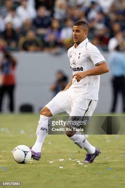 Kyle Walker of Tottenham Hotspur passes the ball during the international friendly match against the Los Angeles Galaxy at The Home Depot Center on...