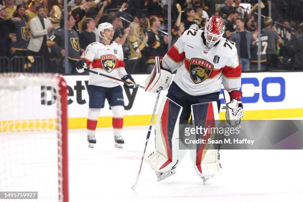 Sergei Bobrovsky of the Florida Panthers reacts during the third period against the Vegas Golden Knights in Game One of the 2023 NHL Stanley Cup...