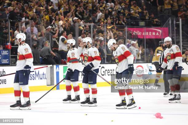 The Florida Panthers leave the ice after their 5-2 loss against the Vegas Golden Knights in Game One of the 2023 NHL Stanley Cup Final at T-Mobile...