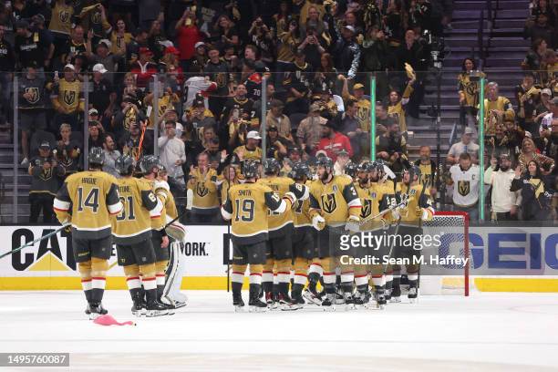 The Vegas Golden Knights celebrate their 5-2 win against the Florida Panthers in Game One of the 2023 NHL Stanley Cup Final at T-Mobile Arena on June...