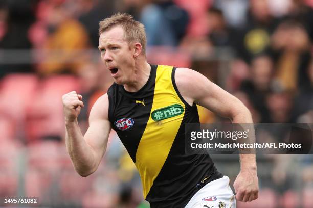 Jack Riewoldt of the Tigers celebrates kicking a goal during the round 12 AFL match between Greater Western Sydney Giants and Richmond Tigers at...