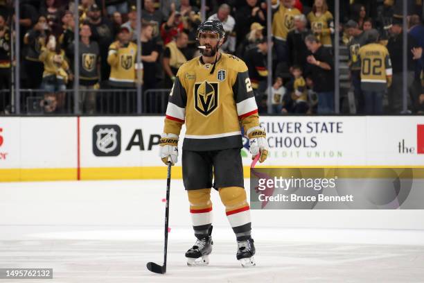 Alec Martinez of the Vegas Golden Knights reacts after the team's 5-2 win against the Florida Panthers in Game One of the 2023 NHL Stanley Cup Final...