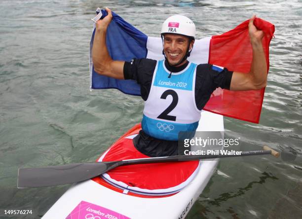 Gold medallist Tony Estanguet of France celebrates after competing in the Men's Canoe Single Slalom final on Day 4 of the London 2012 Olympic Games...