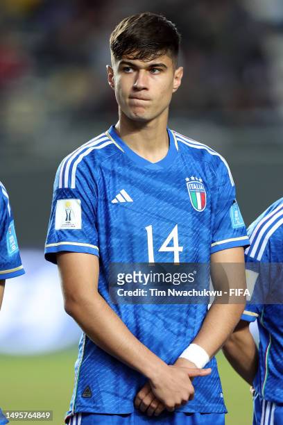 Gabriele Guarino of Italy looks on during a FIFA U-20 World Cup Argentina 2023 Round of 16 match between England and Italy at Estadio La Plata on May...