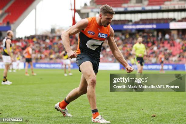 Jesse Hogan of the Giants celebrates kicking a goal during the round 12 AFL match between Greater Western Sydney Giants and Richmond Tigers at GIANTS...