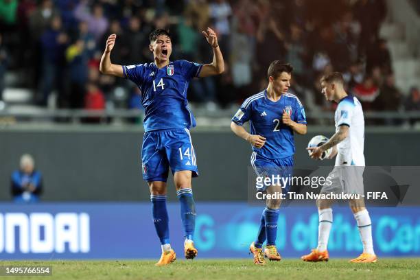 Gabriele Guarino of Italy celebrates during a FIFA U-20 World Cup Argentina 2023 Round of 16 match between England and Italy at Estadio La Plata on...