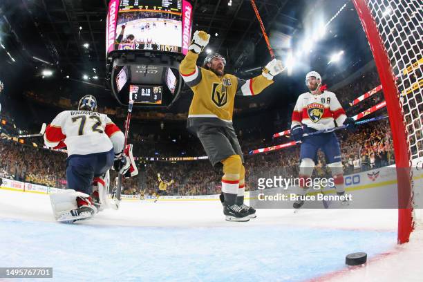 Mark Stone of the Vegas Golden Knights celebrates his third period goal against the Florida Panthers in Game One of the 2023 NHL Stanley Cup Final at...