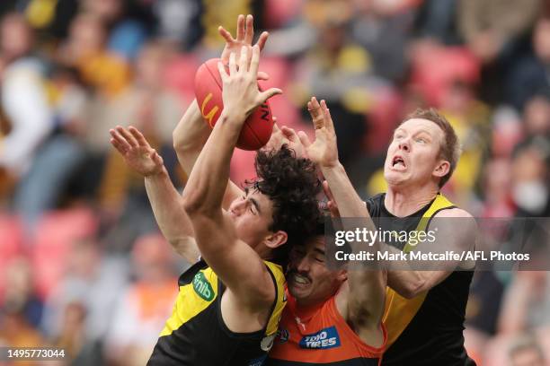 Samson Ryan of the Tigers wins a mark during the round 12 AFL match between Greater Western Sydney Giants and Richmond Tigers at GIANTS Stadium, on...