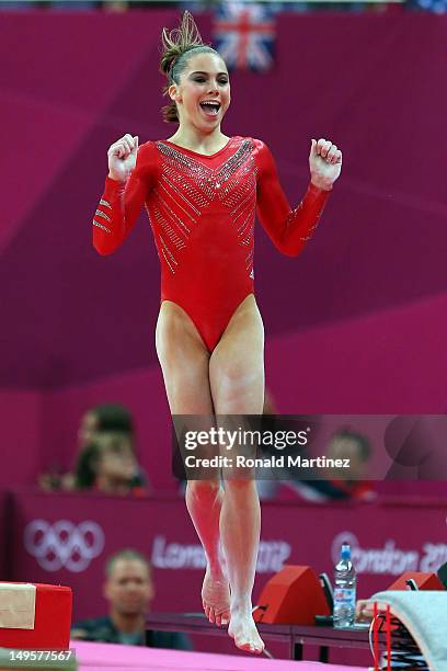Mc Kayla Maroney of the United States of America celebrates her performance on the vault in the Artistic Gymnastics Women's Team final on Day 4 of...