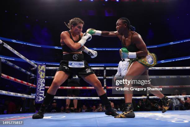 Claressa Shields throws a punch against Maricela Cornejo during their Middleweight Championship fight at Little Caesars Arena on June 03, 2023 in...