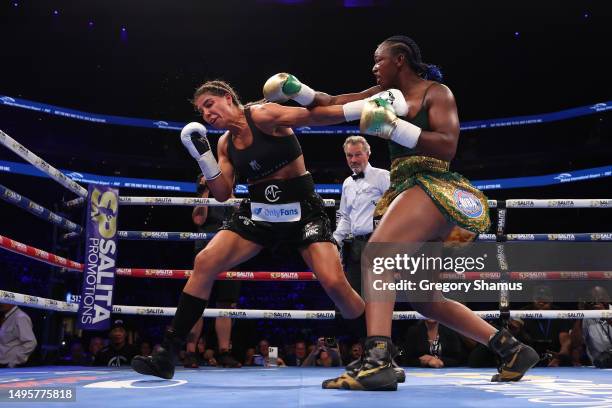 Claressa Shields throws a punch against Maricela Cornejo during their Middleweight Championship fight at Little Caesars Arena on June 03, 2023 in...