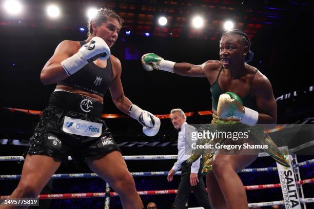 Claressa Shields throws a punch against Maricela Cornejo during their Middleweight Championship fight at Little Caesars Arena on June 03, 2023 in...