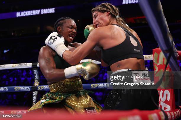 Claressa Shields throws a punch against Maricela Cornejo during their Middleweight Championship fight at Little Caesars Arena on June 03, 2023 in...