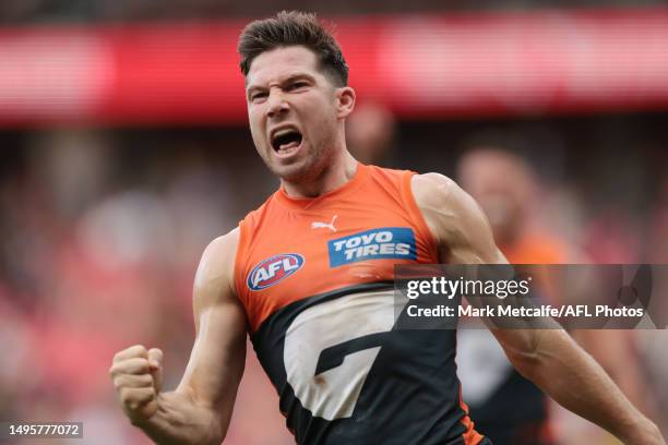 Toby Greene of the Giants celebrates kicking a goal during the round 12 AFL match between Greater Western Sydney Giants and Richmond Tigers at GIANTS...