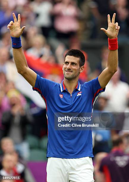 Novak Djokovic of Serbia celebrates after defeating Andy Roddick of the United States during the second round of Men's Singles Tennis on Day 4 of the...