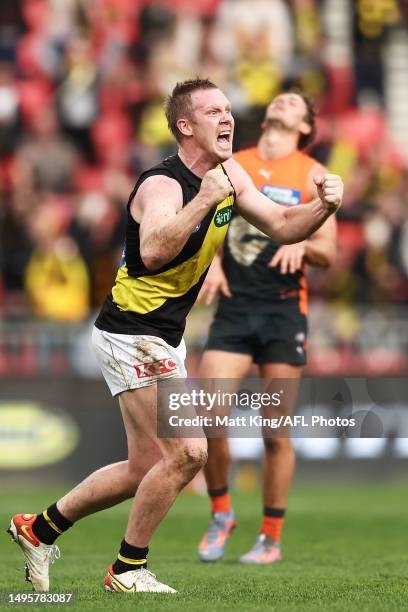 Jack Riewoldt of the Tigers celebrates victory at the full time siren during the round 12 AFL match between Greater Western Sydney Giants and...