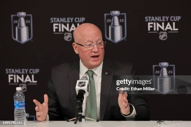 Deputy Commissioner Bill Daly speaks to the media during a press conference prior to Game One of the 2023 NHL Stanley Cup Final between the Florida...