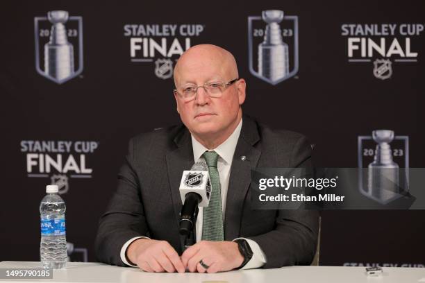 Deputy Commissioner Bill Daly speaks to the media during a press conference prior to Game One of the 2023 NHL Stanley Cup Final between the Florida...