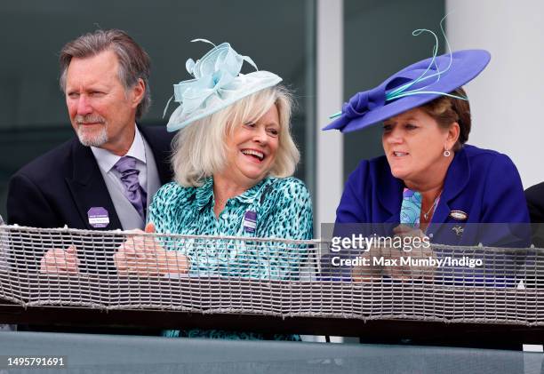 Lance Tankard, Sue Barker and Clare Balding watch the racing as they attend 'Derby Day' of The Derby Festival 2023 at Epsom Downs Racecourse on June...